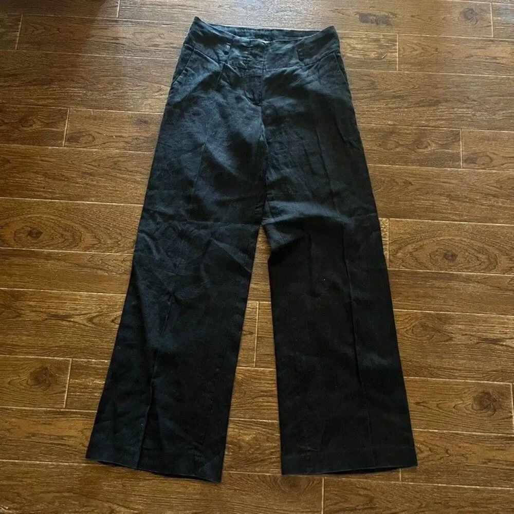 H&M 100% Linen Wide Leg Trousers Womens 6 Black Mid Rise Casual Pants